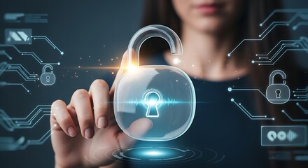 Woman's Hand Touching Digital Lock, Representing Data Security and Protection