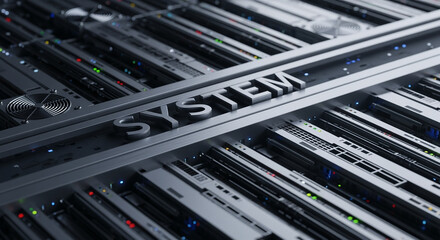 Server room with SYSTEM text and blinking lights