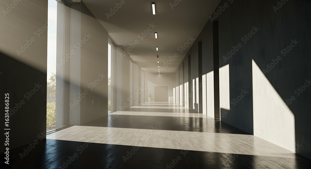Aufkleber sunlight illuminating an empty hallway in a modern building with minimalist architecture and