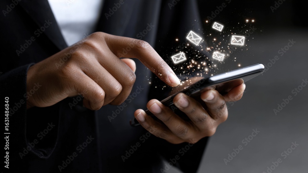 Poster close-up of a hands using a mobile phone with email icons floating above, a business concept for e-g