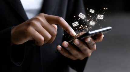 Close-up of a  hands using a mobile phone with email icons floating above, a business concept for e-gesture communication and digital marketing, online shopping, or a message from a distance. 
