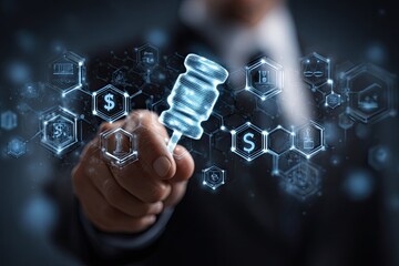 A hand, seemingly holding a digital gavel, over a network of legal and financial icons