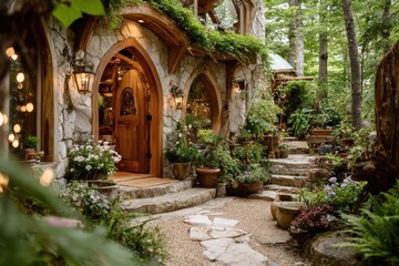 Fototapeta premium Charming Cottage Entrance Surrounded by Lush Greenery and Colorful Flowers in a Peaceful Forest Setting, Inviting and Enchanting Atmosphere for Nature Lovers