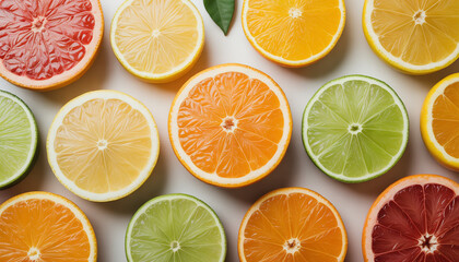 Obraz premium Colorful citrus fruit slices arranged on a light background 
