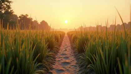 Rice Field at Sunrise with Pathway Through Crops