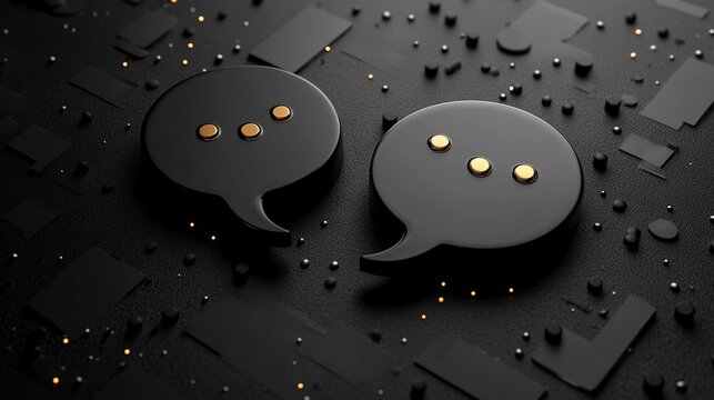 3D render of two black speech bubbles on a dark tech background, representing communication and digital conversation