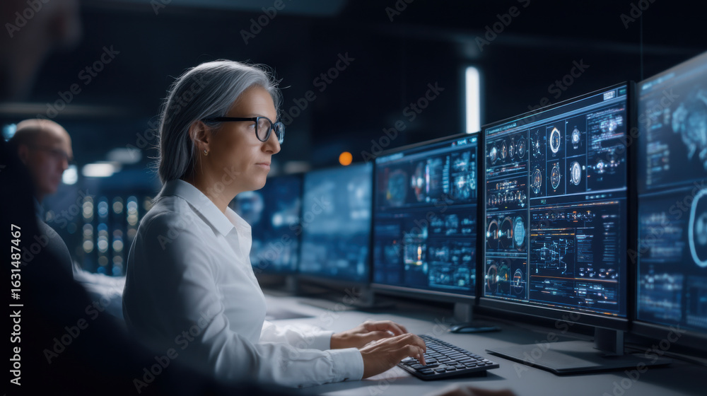 Aufkleber a focused professional analyzes data on multiple monitors in a high-tech environment, showcasing adv