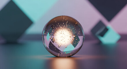 Glass sphere with sparkles against abstract geometric background and graphic design elements
