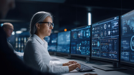 A focused professional analyzes data on multiple monitors in a high-tech environment, showcasing advanced technology and concentration.