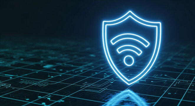 Glowing neon shield with wifi symbol for digital security and cyber protection