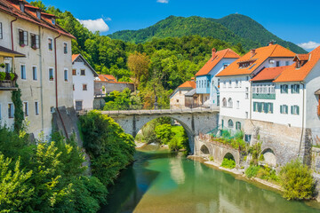 Capuchin's Bridge or Stone Bridge in Skofja Loka Slovenia. Originally built in the 14th century.
