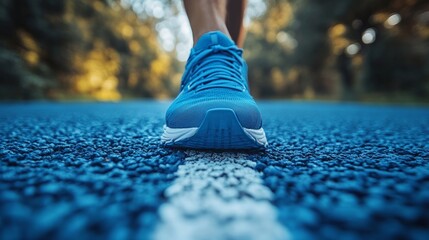 A determined runner strides on a blue track, embodying energy in their pursuit of fitness and health