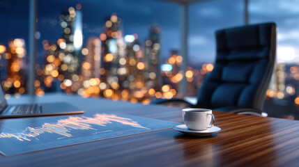 A modern office scene featuring a laptop, a coffee cup, and a city skyline illuminated at night.