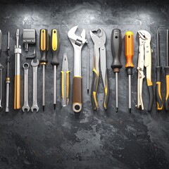 Assorted tools displayed on dark surface