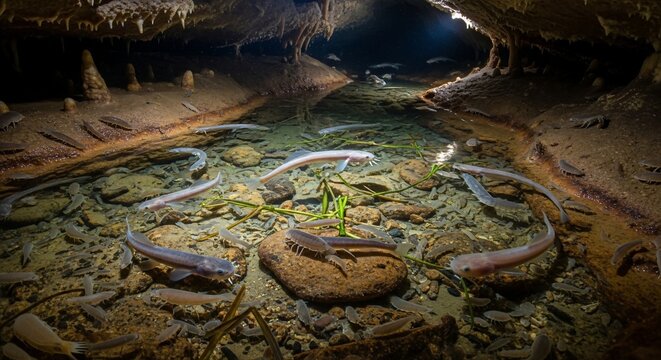 Unique Blind Cave Fish and Aquatic Invertebrates Thriving in a Dark Underground Cavern Stream