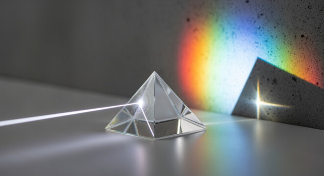 Glass prism refracts white light into rainbow spectrum on wall