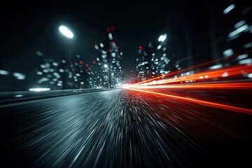 Fast driving in the city at night with motion blur and light trails