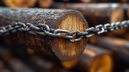 Chains tightly secure freshly cut wooden logs in a rustic storage area, emphasizing their robust and earthy essence
