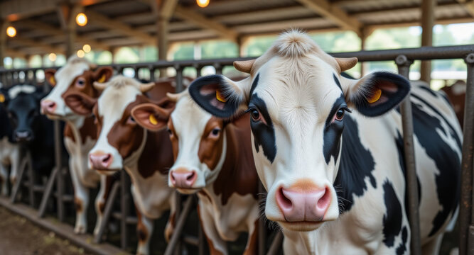 Two cows standing side by side in barn looking into camera on organized dairy farm