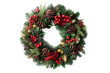 Exquisite Festive Christmas Wreath with Berries and Pinecones Isolated on transparent background, cutout
