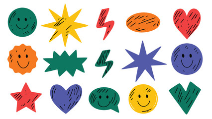 Collection of colorful hand drawn style icons including stars hearts lightning bolts and smiley faces design