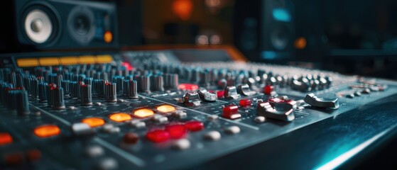 The vibrant audio mixer illuminated in a modern music production studio.