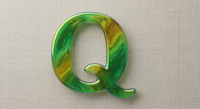 Letter Q with green and gold marble design on a textured background