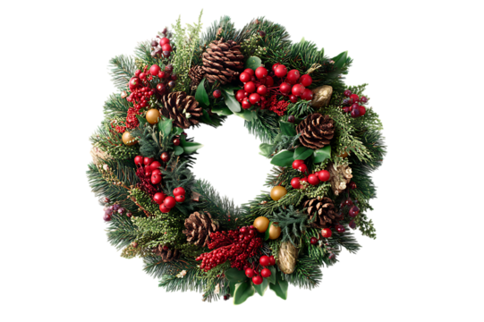 Exquisite Festive Christmas Wreath with Berries and Pinecones  Isolated on transparent background, cutout	