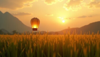 Lantern Over Golden Rice Field at Sunset