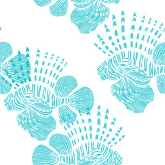 Sea fish. Seamless pattern with lionfish. Colored hand drawn silhouettes on white. Perfect for design templates, wallpaper, wrapping, fabric, print and textile. 