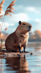 brown bear sitting on the water