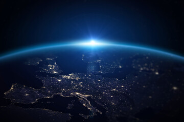 Planet Earth from the space at night. Europe, Portugal, Spain, France, Italy, Switzerland, United Kingdom, Poland, Germany, Austria, Czechia, Croatia and Hungary.