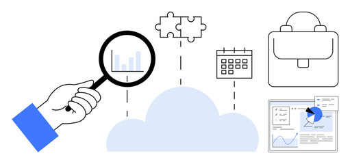 Magnifying glass over cloud linked with puzzle piece, calendar, briefcase, and charts. Ideal for data analysis, cloud solutions, business planning, productivity, digital tools innovation simple