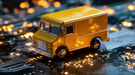 The vibrant yellow truck on a shimmering circuit board background.
