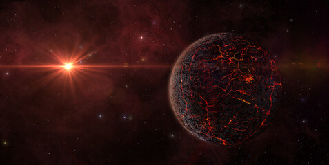 Alien volcanic planet with lava cracks and red sun in distant galaxy. A rocky planet covered with volcanoes and lava cracks. The formation or destruction of a planet. Space scene.
