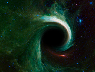 Black hole, nebula and galaxy in deep outer space. Black hole devours galaxy and stars. 
