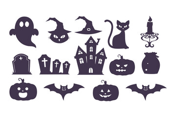 Halloween silhouette icon set. Collection of spooky graphic elements including ghost, witch, pumpkin, cat, and haunted house. Isolated vector symbols for party decoration and design.