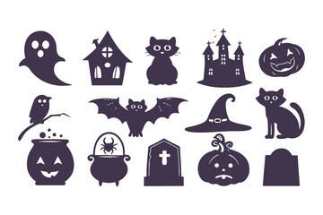 Halloween silhouette icon set. Collection of spooky graphic elements including ghost, witch, pumpkin, cat, and haunted house. Isolated vector symbols for party decoration and design.