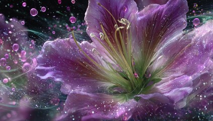 Close-up of a vibrant purple flower,  surrounded by swirling, glittering particles and droplets