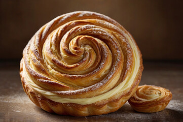 Fototapeta premium Golden Swirled Pastry With Cream Filling golden brown powdered sugar