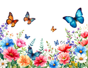 Colorful butterflies and flowers flying on a green background create a seamless floral pattern for a vibrant spring or summer design