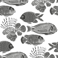 Exotic sea fish. Monochrome hand drawn silhouettes on white.  Stylish seamless pattern on marine theme. Perfect for design templates, wallpaper, wrapping, fabric, print and textile. 