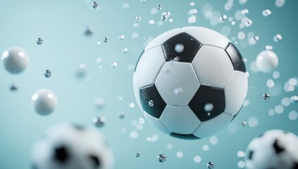 Fototapeta premium A soccer ball flying through the air, surrounded by small glass spheres, with a background of football balls and metallic shapes,