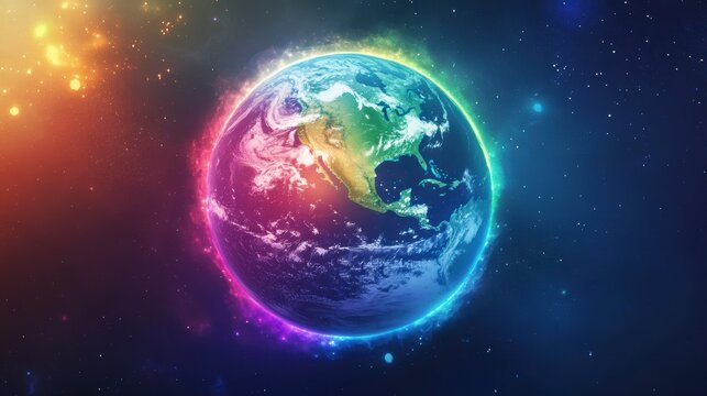 Vibrant Earth glowing with rainbow energy in space.
