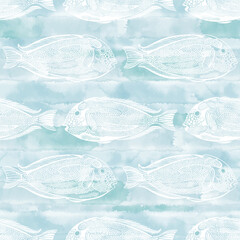 Blue surgeon fish.  White silhouettes on blue watercolor. Seamless vector pattern with  sea ​​creatures. Nature stylish background. Perfect for wallpaper, wrapping, fabric, print and textile. 