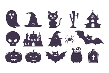 Obraz premium Halloween silhouette icon set. Collection of spooky graphic elements including ghost, witch, pumpkin, cat, and haunted house. Isolated vector symbols for party decoration and design.