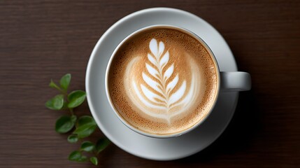 Barista latte art shot from above in cozy cafe