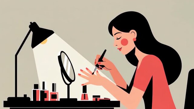 Flat vector a woman is applying nail polish at her desk with a mirror and a lamp she is doing her makeup routine with cosmetic products in a cartoon style