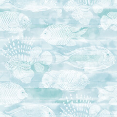  Exotic tropical fish. White silhouettes on blue watercolor. Seamless vector pattern with  sea ​​creatures. Nature stylish background. Perfect for wallpaper, wrapping, fabric, print and textile. 