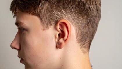 Obraz premium Teenage boy with uniquely shaped ears and a piercing, intense gaze, captured in moody lighting against a neutral backdrop, evoking emotion and introspection. 